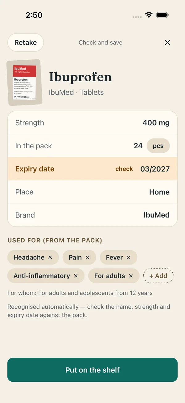 The check-and-save screen after a photo: Ibuprofen, IbuMed, tablets, 400 mg, 24 in the pack, expiry date 03/2027 marked “check”, place Home. Used for, from the pack: Headache, Pain, Fever, Anti-inflammatory, For adults. Button: Put on the shelf.