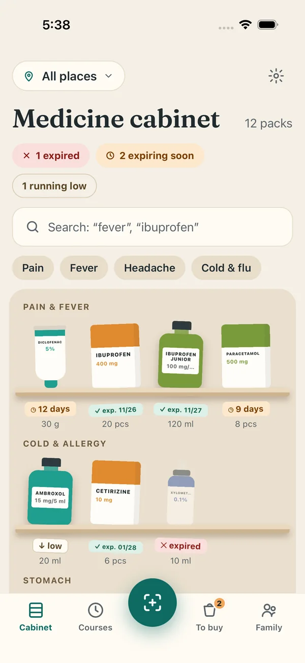 Medlet’s medicine cabinet: 12 packs on shelves&nbsp;— Pain & fever, Cold & allergy, Stomach. Each pack has a sticker such as “12 days”, “exp. 11/26”, “low” or “expired”; at the top, 1 expired, 2 expiring soon, 1 running low, and a search field.
