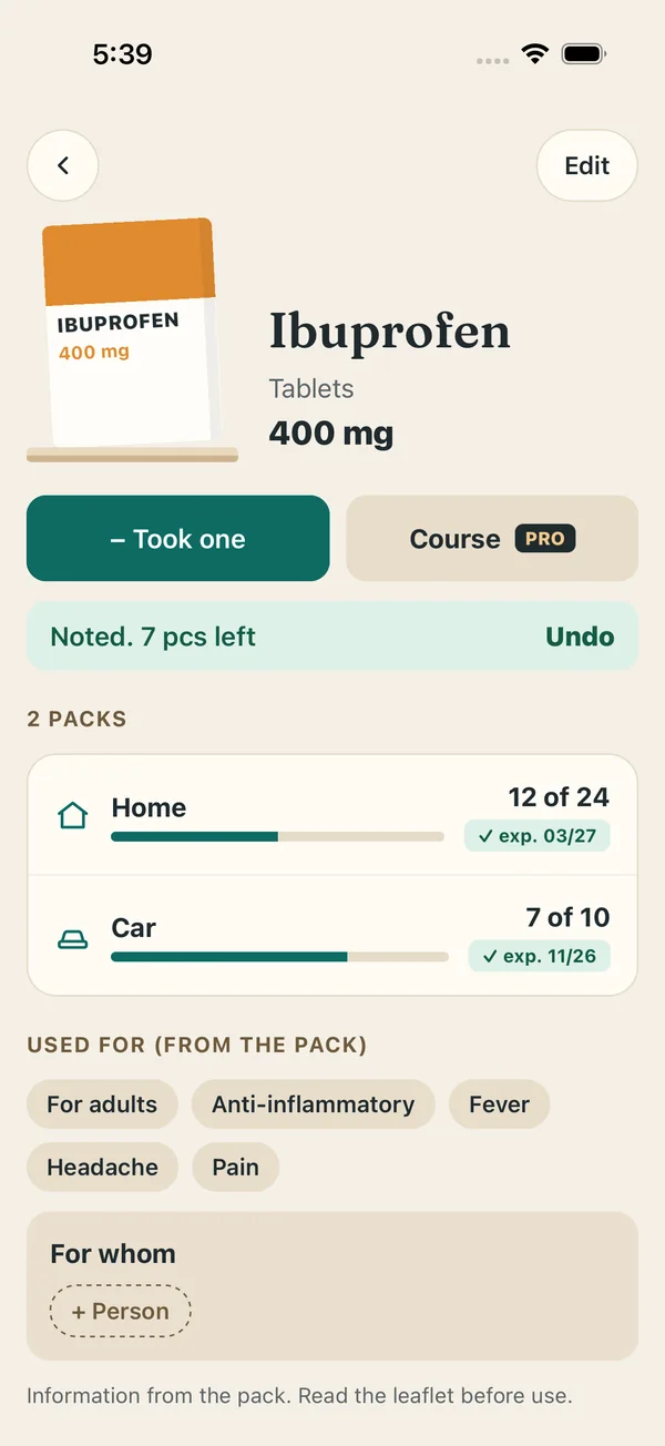The Ibuprofen card after tapping “Took one”: “Noted. 7 pcs left” with Undo. Two packs&nbsp;— Home, 12 of 24, exp. 03/27; Car, 7 of 10, exp. 11/26. Used for, from the pack: For adults, Anti-inflammatory, Fever, Headache, Pain.